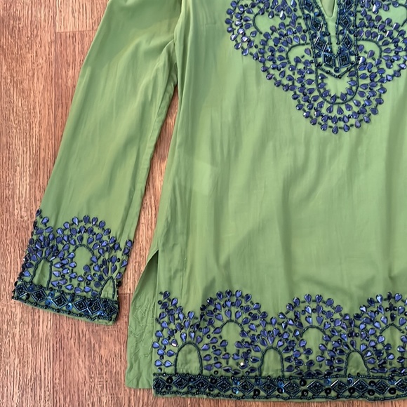 TORY BURCH TUNIC BEADED GEMS SEQUINED GREEN SAPPHIRE BLUE 2 LONG SLEEVE SHIRT SF - Picture 7 of 16